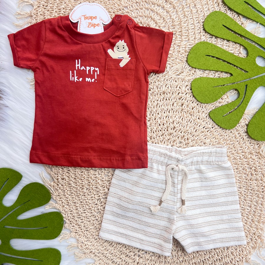 Conj. Camiseta Happy Like Me e Bermuda em Linho - Ferrugem e Areia
